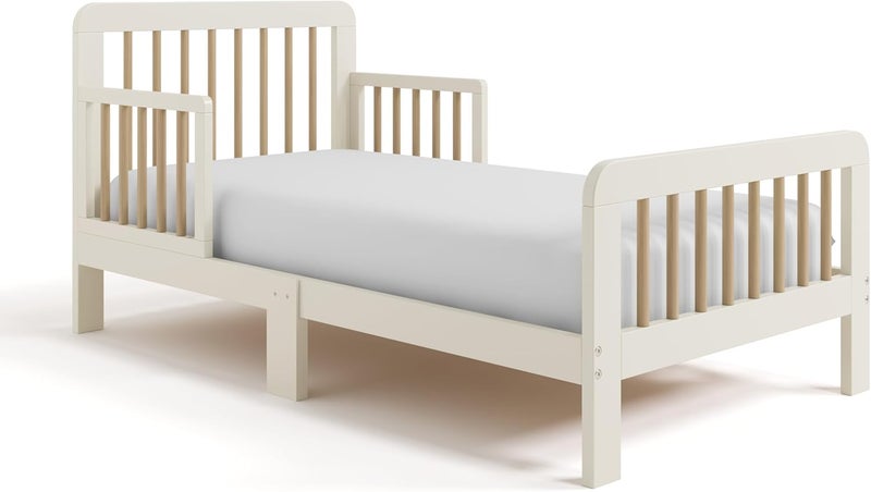 Storkcraft Pasadena Toddler Bed (Frosted Oat & Driftwood) - GREENGUARD Gold Certified, 100% Solid Wood, Fits Standard Crib Mattress, Toddler Rails Included, Complete Design with Headboard & Footboard - Image 1